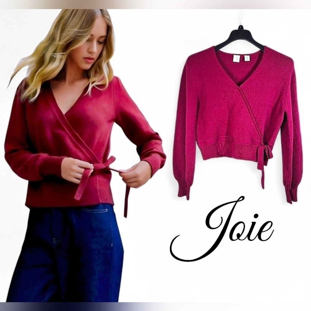 Joie Deep Red Faux Wrap Sweater Balloon Sleeves Bow Tie Size M
